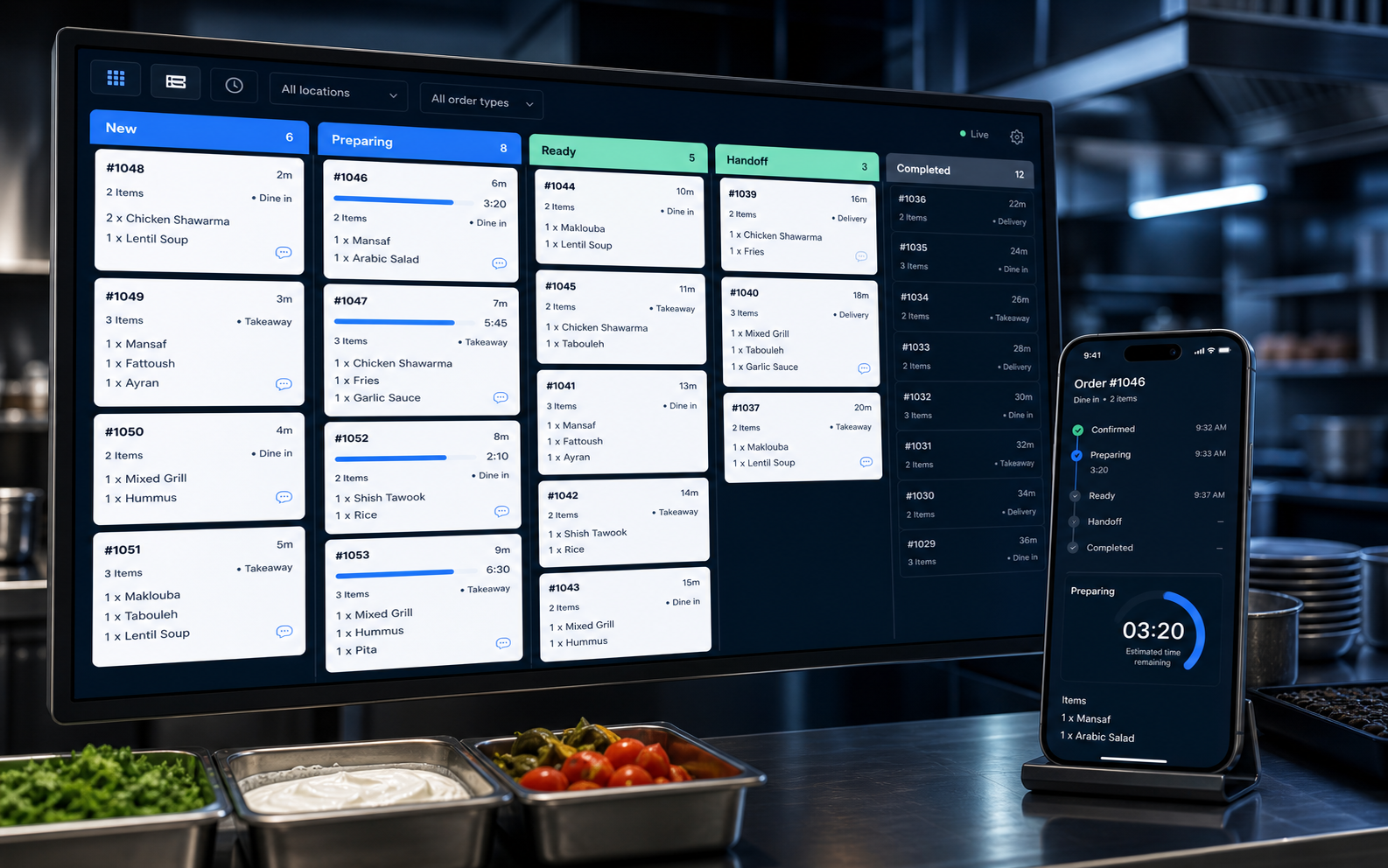 Restaurant kitchen order flow from new to ready for handoff